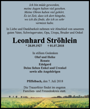 Traueranzeige von Leonhard Ströhlein von Thüringer Allgemeine, Thüringische Landeszeitung