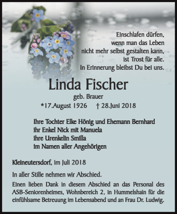 Traueranzeige von Linda Fischer von Ostthüringer Zeitung, Thüringische Landeszeitung