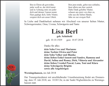 Traueranzeige von Lisa Berl von Thüringer Allgemeine