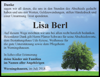 Traueranzeige von Lisa Berl von Thüringer Allgemeine