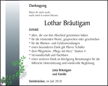 Traueranzeige von Lothar Bräutigam von Ostthüringer Zeitung