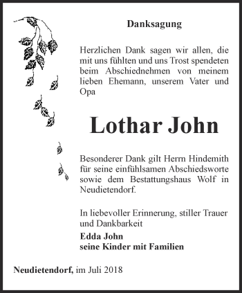 Traueranzeige von Lothar John von Thüringer Allgemeine, Thüringische Landeszeitung