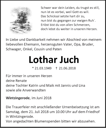 Traueranzeige von Lothar Juch von Thüringer Allgemeine