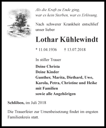 Traueranzeige von Lothar Kühlewindt von Ostthüringer Zeitung