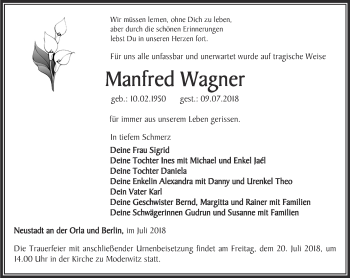 Traueranzeige von Manfred Wagner von Ostthüringer Zeitung