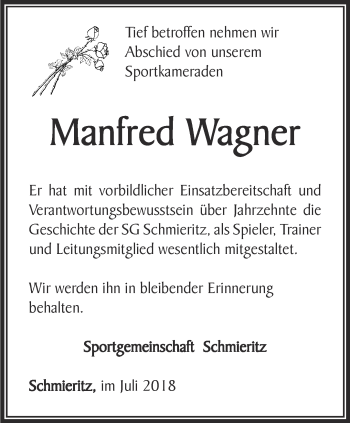 Traueranzeige von Manfred Wagner von Ostthüringer Zeitung