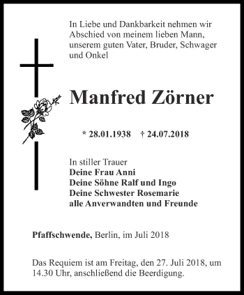 Traueranzeige von Manfred Zörner von Thüringer Allgemeine