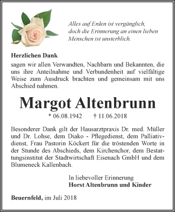 Traueranzeige von Margot Altenbrunn von Thüringer Allgemeine, Thüringische Landeszeitung