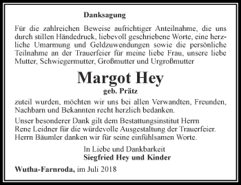 Traueranzeige von Margot Hey von Thüringer Allgemeine, Thüringische Landeszeitung