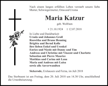 Traueranzeige von Maria Katzur von Thüringer Allgemeine