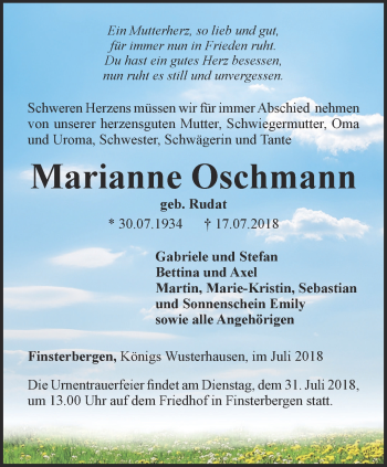 Traueranzeige von Marianne Oschmann von Ostthüringer Zeitung, Thüringische Landeszeitung