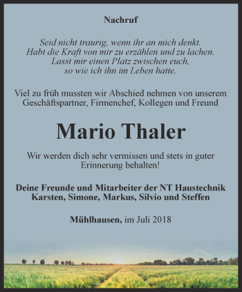 Traueranzeige von Mario Thaler von Thüringer Allgemeine, Thüringische Landeszeitung