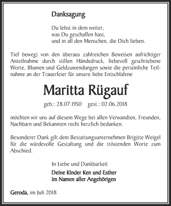 Traueranzeige von Maritta Rügauf von Ostthüringer Zeitung