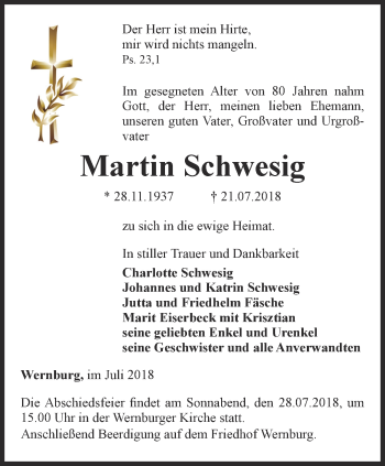 Traueranzeige von Martin Schwesig von Ostthüringer Zeitung