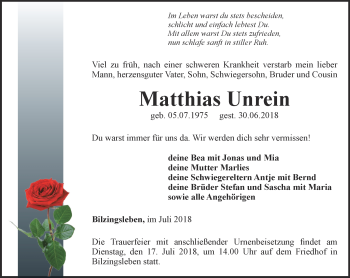 Traueranzeige von Matthias Unrein von Thüringer Allgemeine