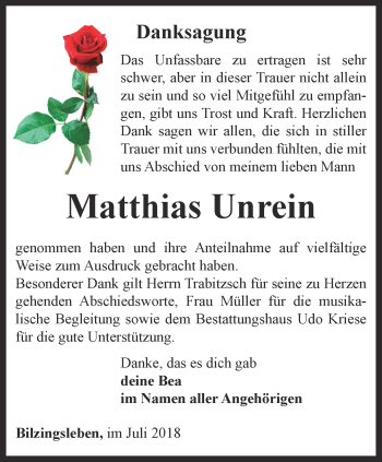 Traueranzeige von Matthias Unrein von Thüringer Allgemeine