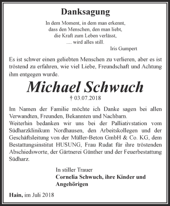 Traueranzeige von Michael Schwuch von Thüringer Allgemeine