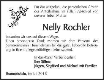 Traueranzeige von Nelly Rochler von Ostthüringer Zeitung, Thüringische Landeszeitung