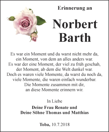 Traueranzeige von Norbert Barth von Thüringer Allgemeine