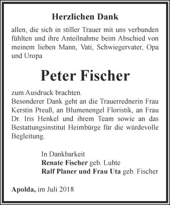 Traueranzeige von Peter Fischer von Thüringer Allgemeine, Thüringische Landeszeitung