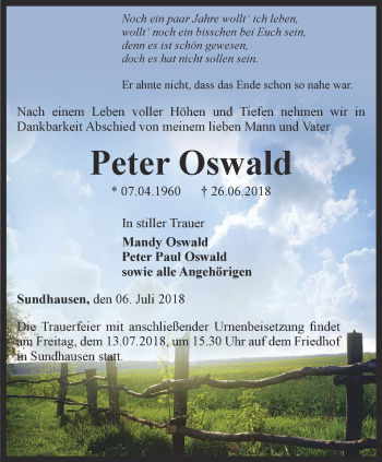 Traueranzeige von Peter Oswald von Thüringer Allgemeine