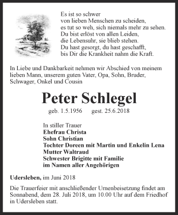 Traueranzeige von Peter Schlegel von Thüringer Allgemeine