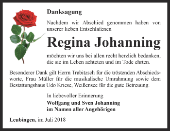 Traueranzeige von Regina Johanning von Thüringer Allgemeine