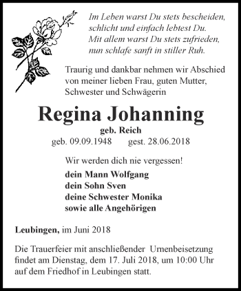 Traueranzeige von Regina Johanning von Thüringer Allgemeine