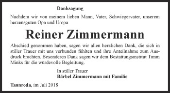 Traueranzeige von Reiner Zimmermann von Thüringer Allgemeine, Thüringische Landeszeitung