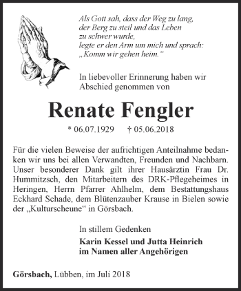 Traueranzeige von Renate Fengler von Thüringer Allgemeine