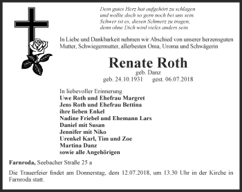 Traueranzeige von Renate Roth von Thüringer Allgemeine, Thüringische Landeszeitung