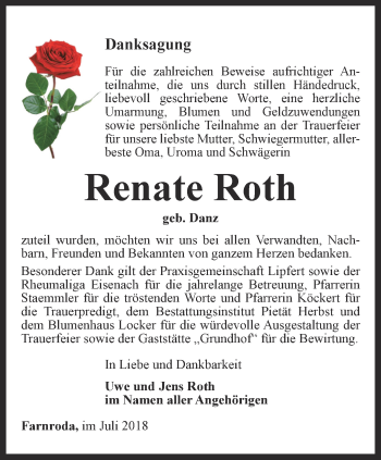 Traueranzeige von Renate Roth von Thüringer Allgemeine, Thüringische Landeszeitung