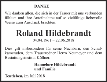 Traueranzeige von Roland Hildebrandt von Ostthüringer Zeitung, Thüringische Landeszeitung