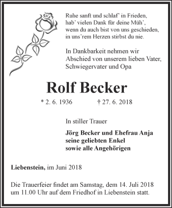 Traueranzeige von Rolf Becker von Thüringer Allgemeine, Thüringische Landeszeitung