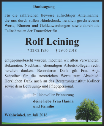 Traueranzeige von Rolf Leining von Ostthüringer Zeitung, Thüringische Landeszeitung