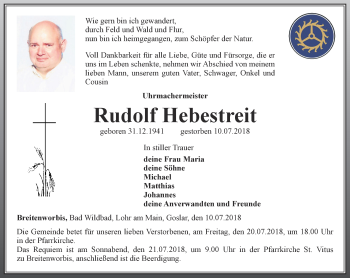 Traueranzeige von Rudolf Hebestreit von Thüringer Allgemeine