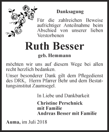 Traueranzeige von Ruth Besser von Ostthüringer Zeitung