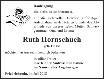 Traueranzeige von Ruth Hornschuch von Ostthüringer Zeitung, Thüringische Landeszeitung