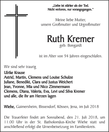 Traueranzeige von Ruth Kremer von Thüringer Allgemeine