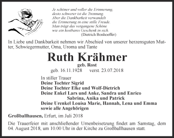 Traueranzeige von Ruth Krähmer von Thüringer Allgemeine, Thüringische Landeszeitung