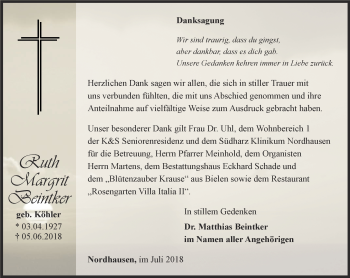 Traueranzeige von Ruth Margrit Beintker von Thüringer Allgemeine