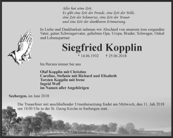 Traueranzeige von Siegfried Kopplin von Ostthüringer Zeitung, Thüringische Landeszeitung