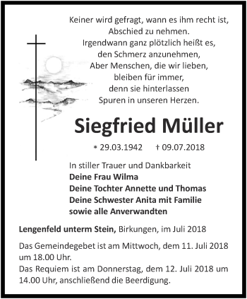 Traueranzeige von Siegfried Müller von Thüringer Allgemeine, Thüringische Landeszeitung