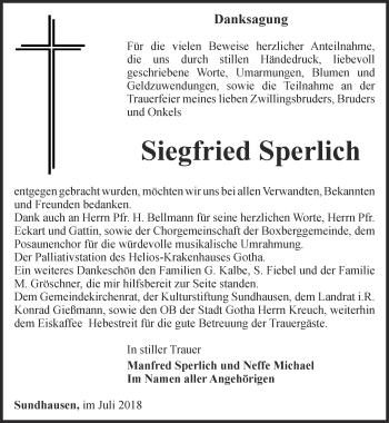 Traueranzeige von Siegfried Sperlich von Ostthüringer Zeitung, Thüringische Landeszeitung