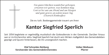 Traueranzeige von Siegfried Sperlich von Ostthüringer Zeitung, Thüringische Landeszeitung