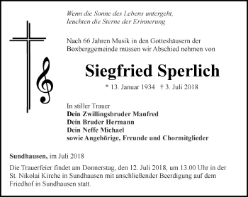 Traueranzeige von Siegfried Sperlich von Ostthüringer Zeitung, Thüringische Landeszeitung