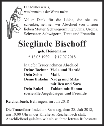 Traueranzeige von Sieglinde Bischoff von Thüringer Allgemeine, Thüringische Landeszeitung