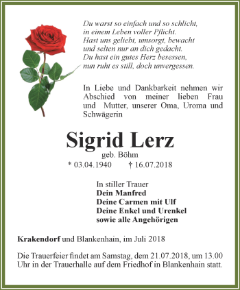 Traueranzeige von Sigrid Lerz von Thüringer Allgemeine, Thüringische Landeszeitung