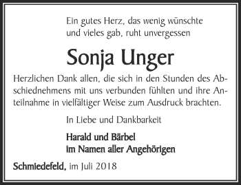 Traueranzeige von Sonja Unger von Ostthüringer Zeitung