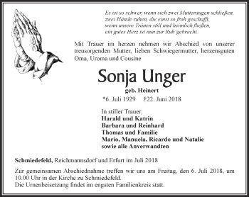 Traueranzeige von Sonja Unger von Ostthüringer Zeitung